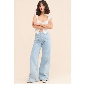 Farm Rio embroidered roses wide leg light blue Jeans size 25